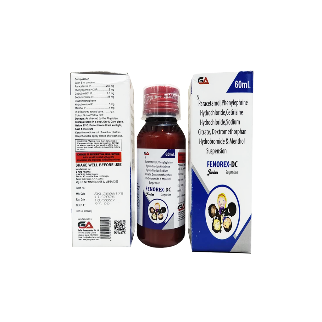 Fenorex DC Junior | Paracetamol, Phenylephrine HCl, Cetirizine HCl, Sodium Citrate, Dextromethorphan HBr, Menthol | Main Image