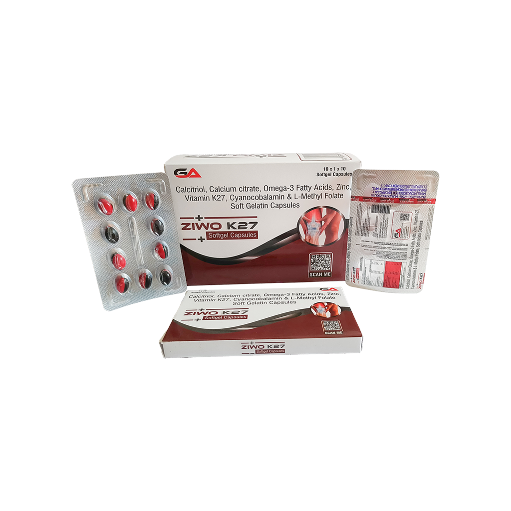 Ziwo K27 | Calcitriol, Calcium Citrate, Omega-3 Fatty Acids, Zinc, Vitamin K27, Cyanocobalamin & L-Methyl Folate Soft Gelatin Capsules | Main Image